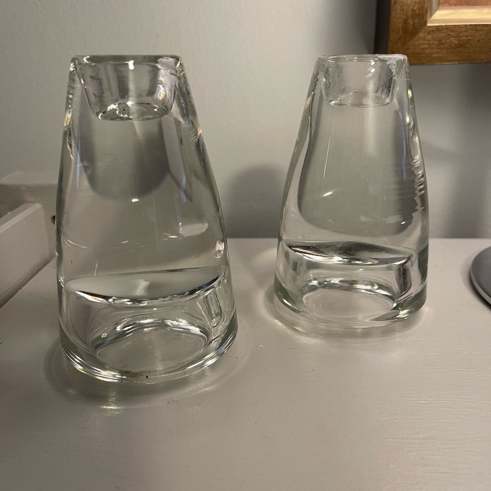 Vintage MCM Leonardo Flick Flack Modern Clear Glass Candle Holders